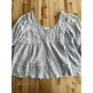 True Craft Plus Size Peasant Top Empire Crinkle Cotton Fringe Baby Blue 0X